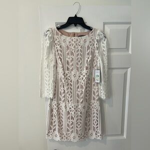 Jessica Howard White Sheath Dress with Bateau Neckline and Bishop Sleeves